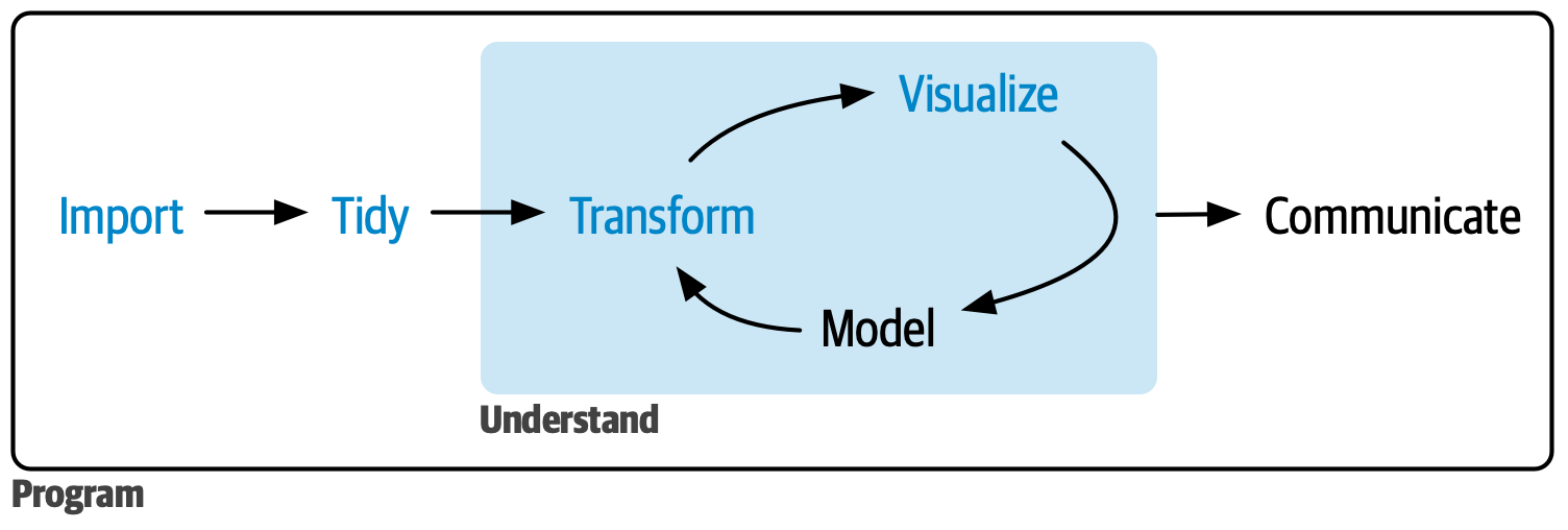 A flowchart describing the components of a data analysis workflow: import, tidy, transform, visualize, model, and communicate.
